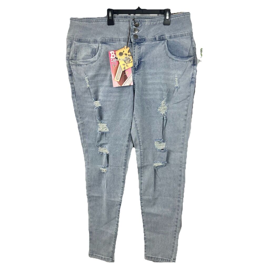 Hybrid & Company Womens High Rise Light Blue Stretch Skinny Jeans Distressed 20